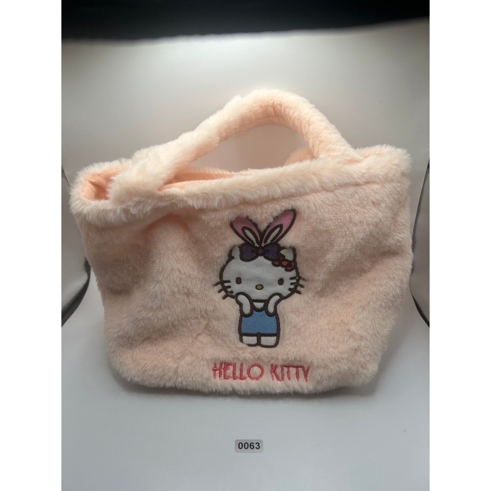 Hello Kitty Plush Fuzzy Handbag Tote Bag Peach Pink Bunny Ears Mini Bag #63
